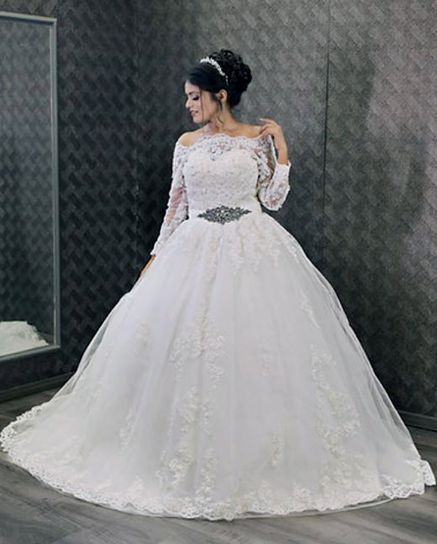 A Line Off Shoulder Gown with Train
