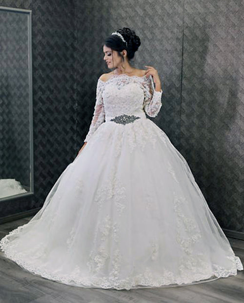 A Line Off Shoulder Gown with Train
