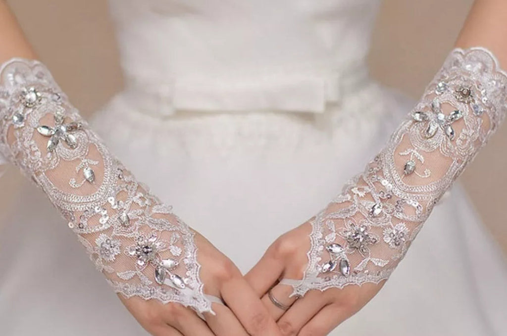 Bridal Gloves - Short Netted With Stones