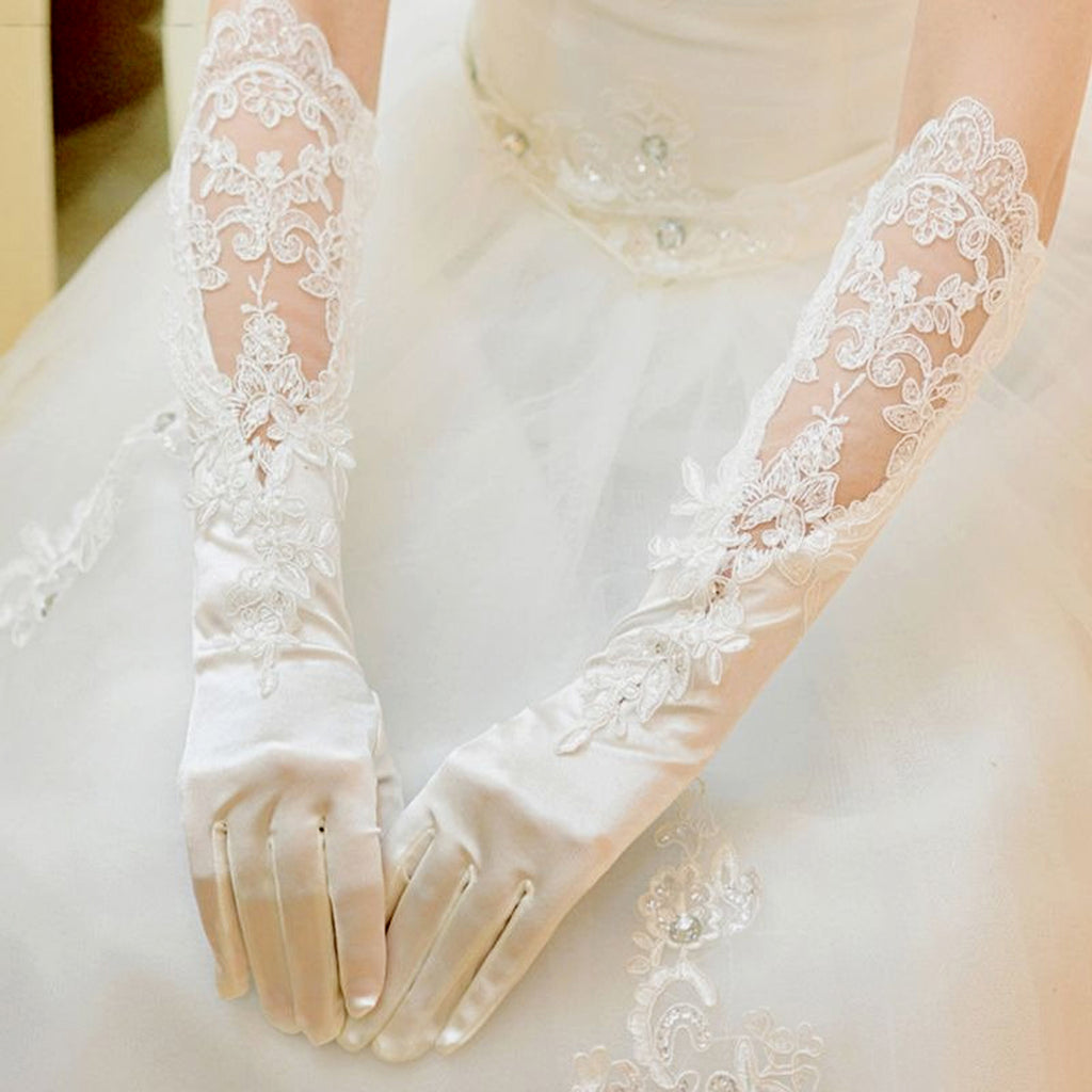 Bridal Gloves - 3/4 Length Satin with Netted Floral