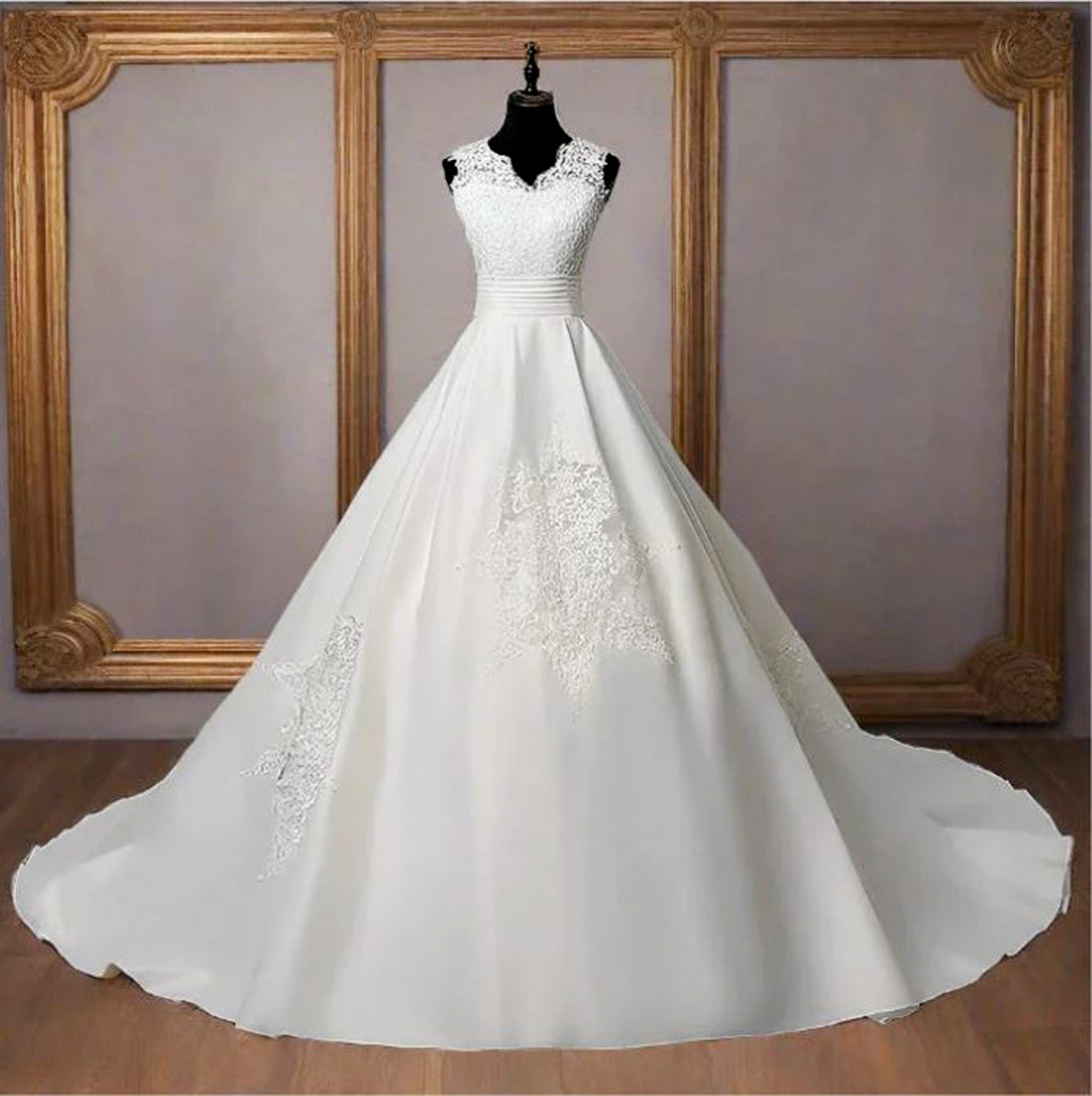 White Christian  Wedding Train Satin Dress Without Sleeves
