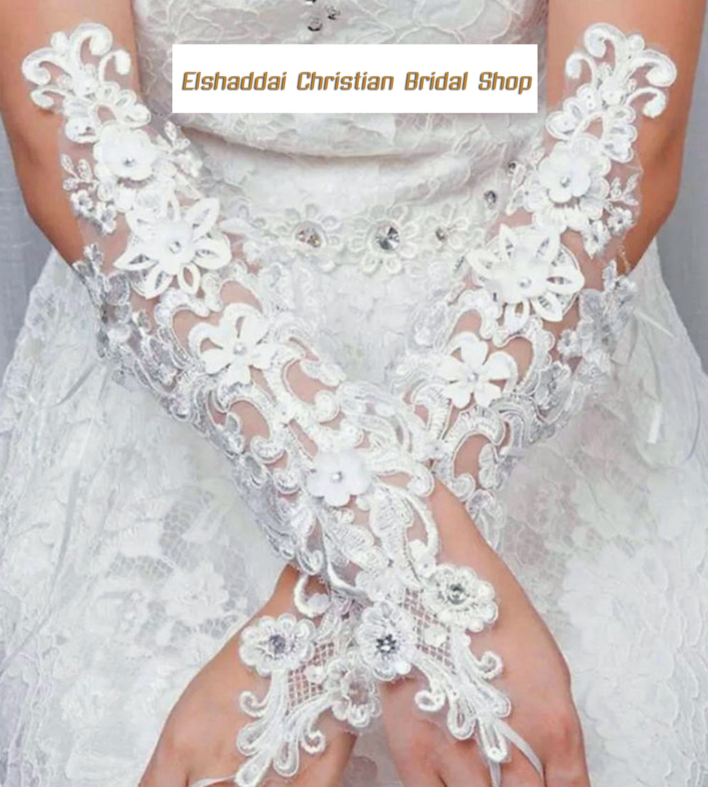 Bridal Gloves - Netted Floral appliques