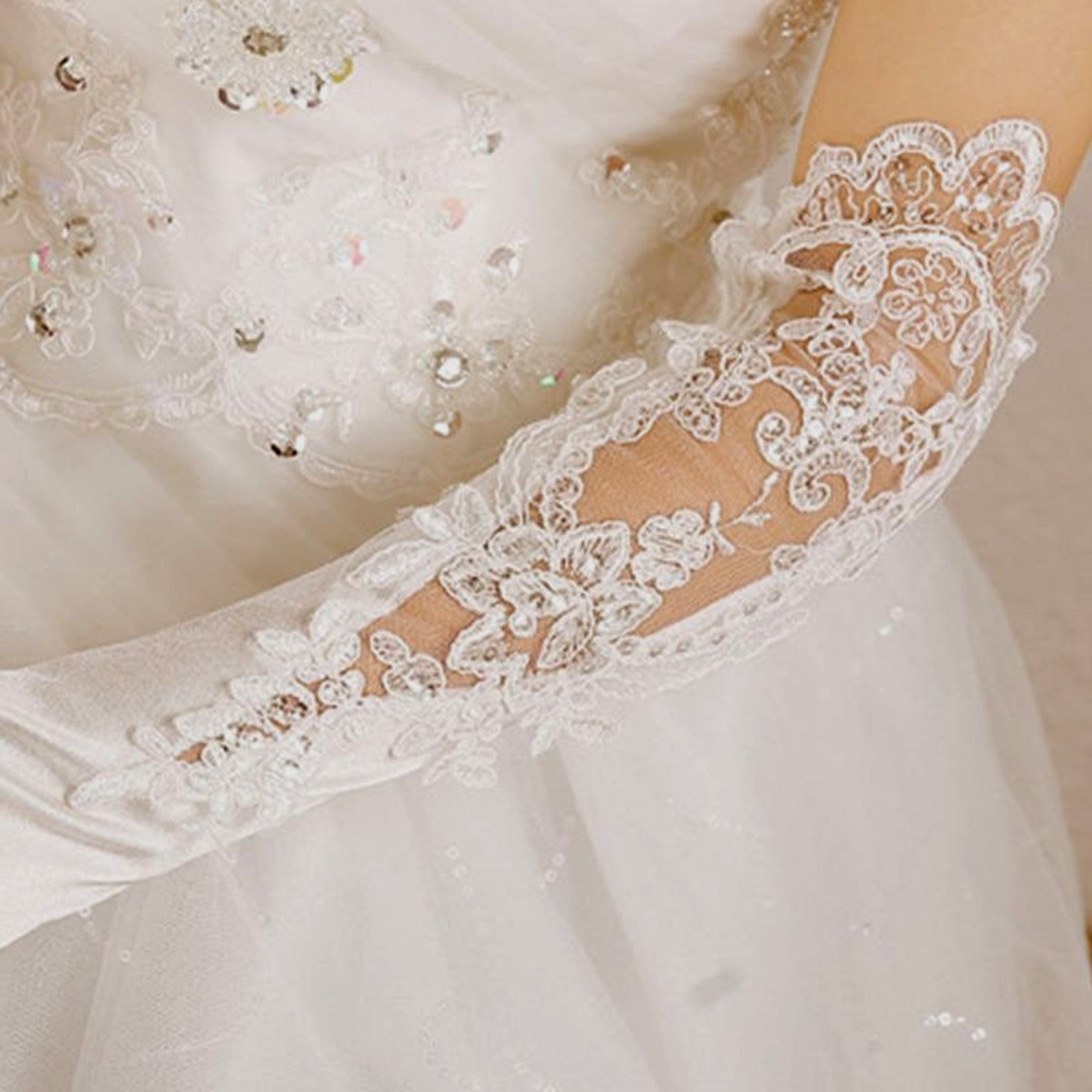 Bridal Gloves - 3/4 Length Satin with Netted Floral