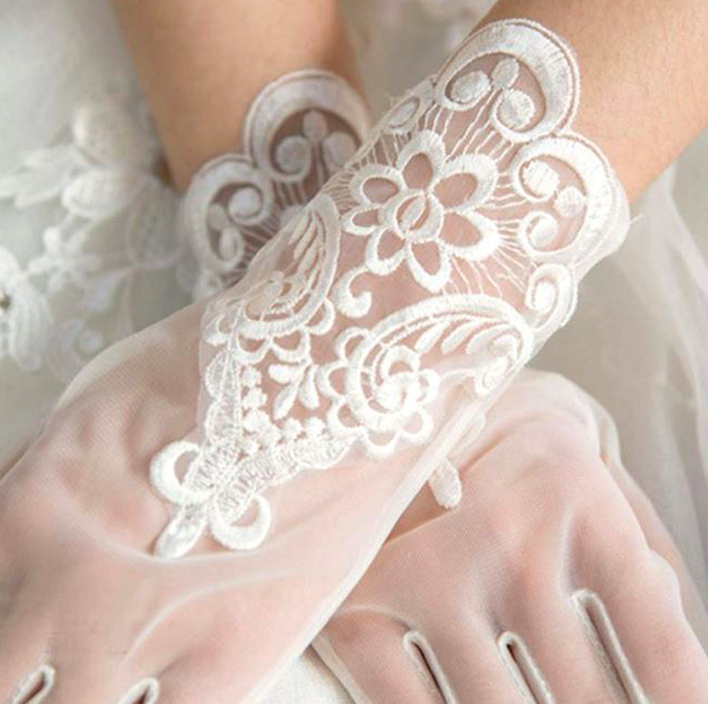 Bridal Gloves - Short Floral Applique with net