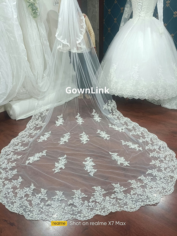 Bridal Veil - Cathedral Wedding Veil with face layer border with comb