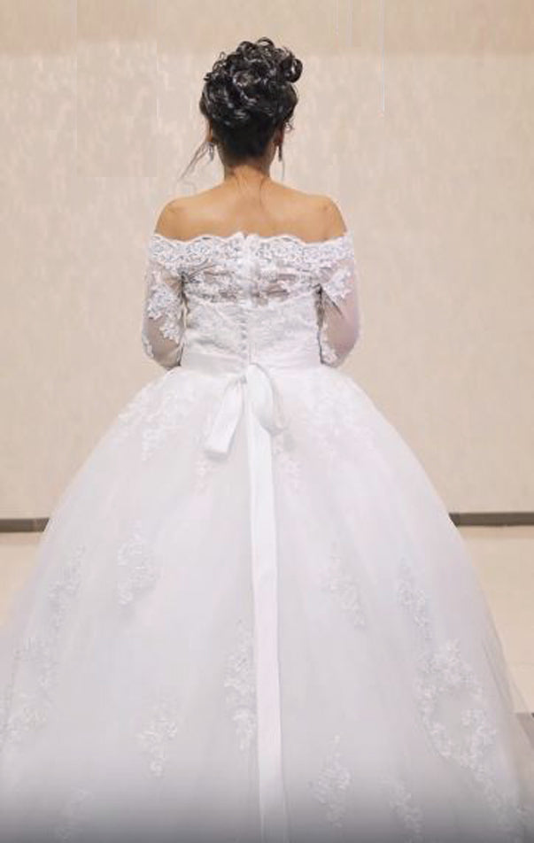 A Line Off Shoulder Gown with Train