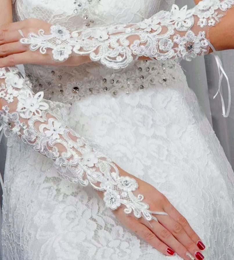 Bridal Gloves - Netted Floral appliques